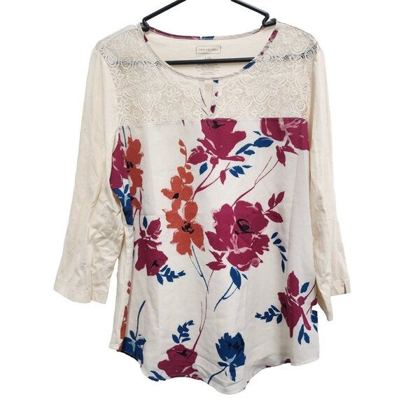 Van Heusen Womens Floral Print Top Large Cream Red Mixed Media Lace Contrast - Picture 1 of 6